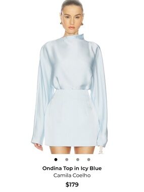 Camila Coelho Icy Blue Satin High-Neck Blouse and Skirt set